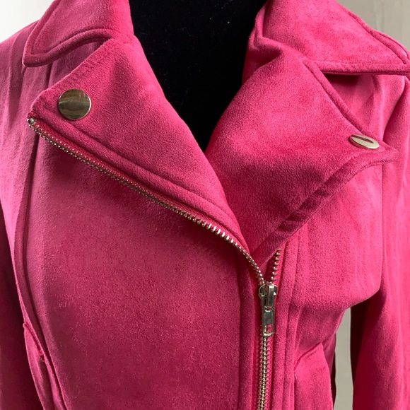 Zip Up Vegan Suede Moto Jacket Hot Pink - Picture 6 of 7